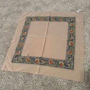 Ugna Floral Border Silk Scarf in Tan, Blue and Orange